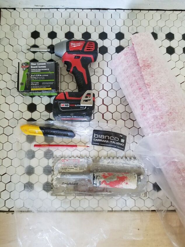 diy vintage inspired hex tile floor part 1, Not pictured Bag of Thin set tile saw