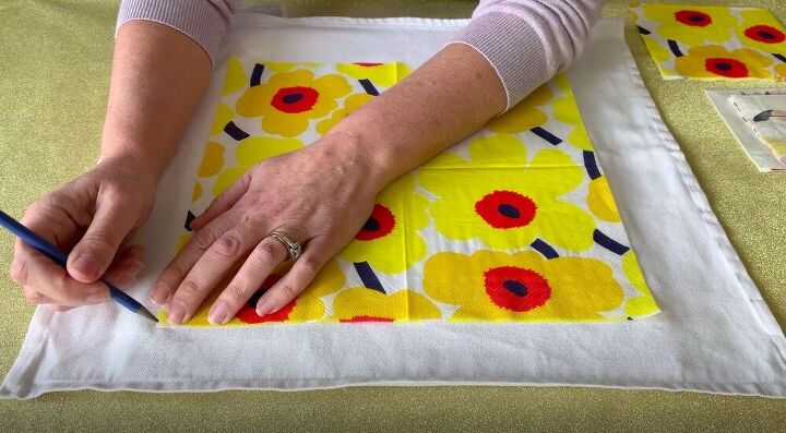 create a diy decorative pillow using napkins and glue, Mark the Pillowcase