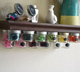 s 12 life changing hacks that ll help you keep things tidy in a tiny spa, Create a mason jar storage shelf