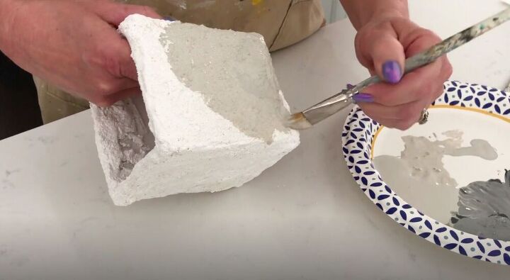 turn a dollar store vase into an aged faux stone planter, Paint a Base Coat