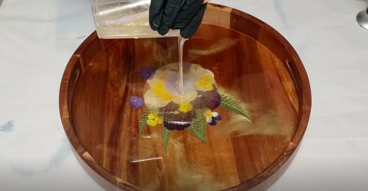 decorate a diy resin tray with pressed flowers for custom home decor, Pour the Resin