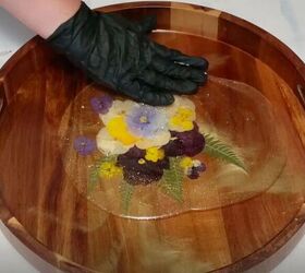 decorate a diy resin tray with pressed flowers for custom home decor, Spread the Resin