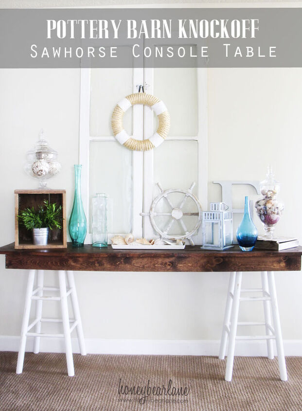 10 pottery barn inspired diy rustic home decor ideas, Pottery Barn Knockoff Sawhorse Table