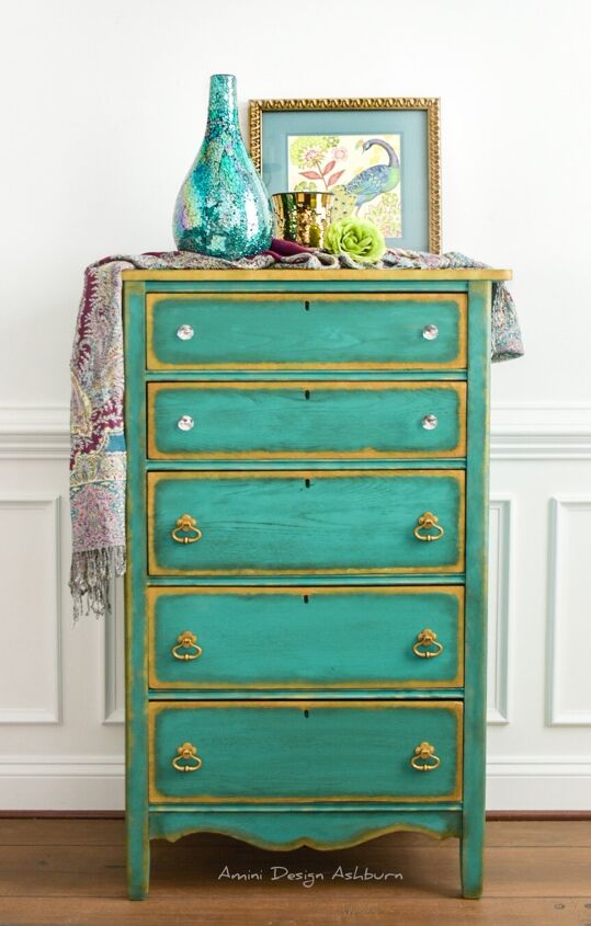 18 gorgeous ways to add tons of color to your old furniture, Glam Turquoise Gold Dresser
