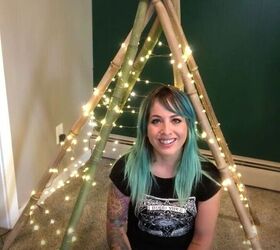 string together a diy teepee tent with twinkle lights, Fully Wrapped with Twinkle Lights
