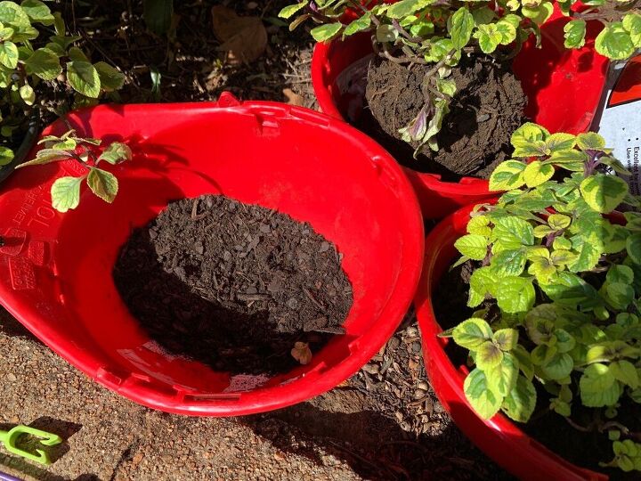 flower pots from hard hats, Bottom layer before adding plants soil
