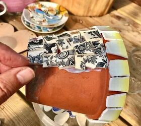 how to mosaic your terracotta plant pots with broken china, Glue crockery pieces