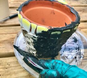 how to mosaic your terracotta plant pots with broken china, Grouting pot