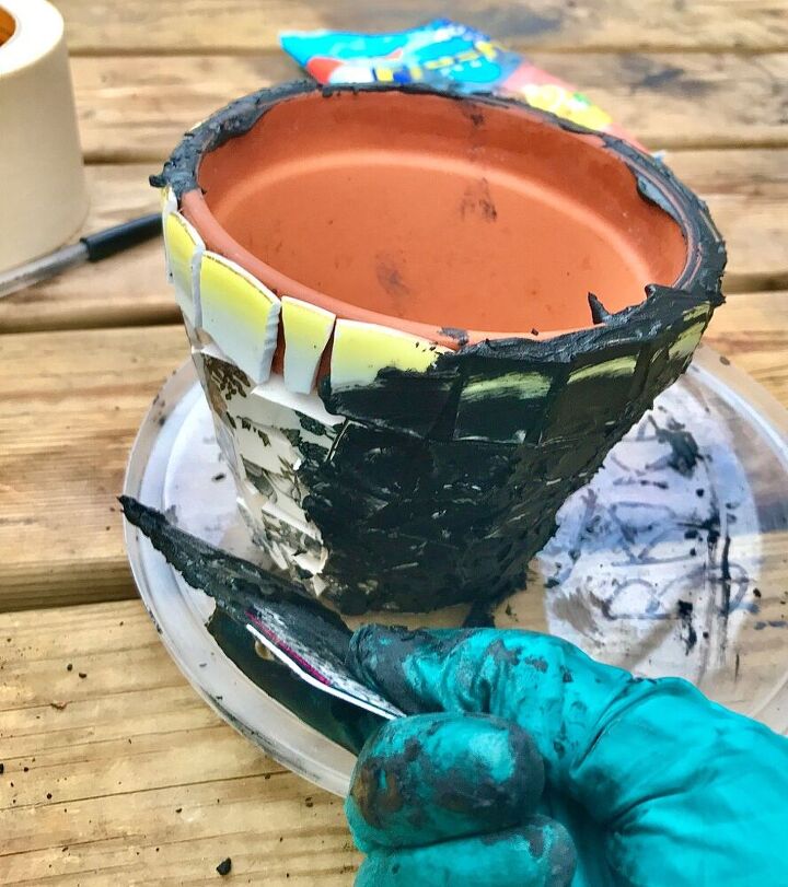 how to mosaic your terracotta plant pots with broken china, Grouting pot