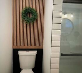 14 ways to get a gorgeous bathroom in only three hours, Make an accent wall out of plywood strips