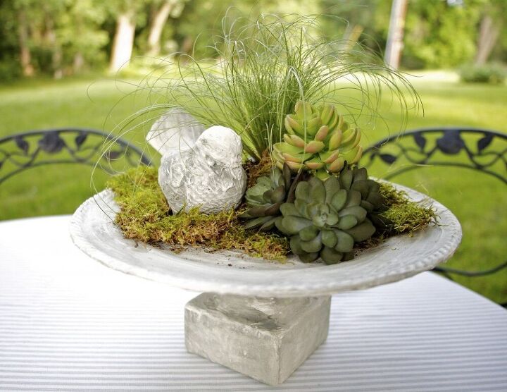 s 14 surprisingly beautiful things you can make using unexpected items, A faux concrete birdbath centerpiece made out of thrift store items