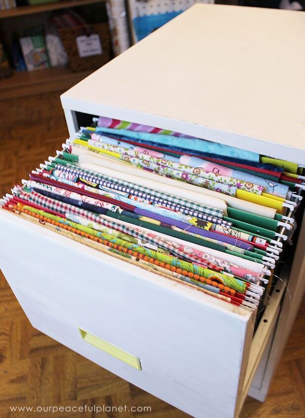17 brilliant ways crafters keep their craft rooms organized, Turn a filing cabinet into a chic fabric organizer