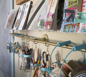 17 brilliant ways crafters keep their craft rooms organized, Hang your craft supplies on gold pipes