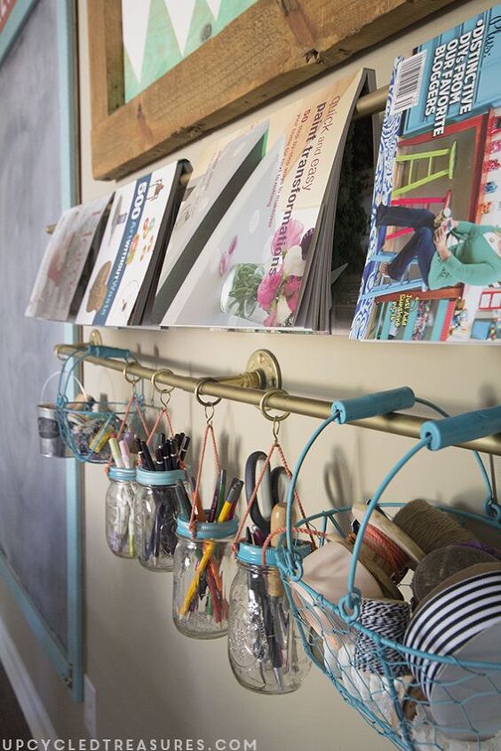 17 brilliant ways crafters keep their craft rooms organized, Hang your craft supplies on gold pipes