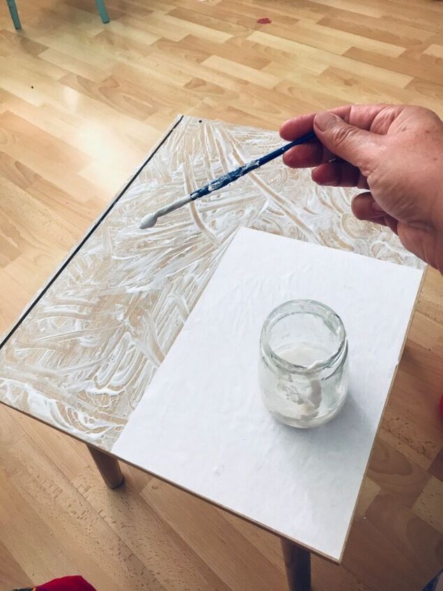 how to use up your old broken china to make a unique mosaic table, Glue paper to table top