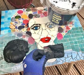 how to use up your old broken china to make a unique mosaic table, Grouting