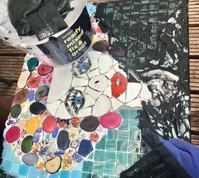 how to use up your old broken china to make a unique mosaic table, Grouting