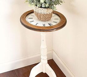 refinished wood plant stand with a diy vinyl clock tabletop