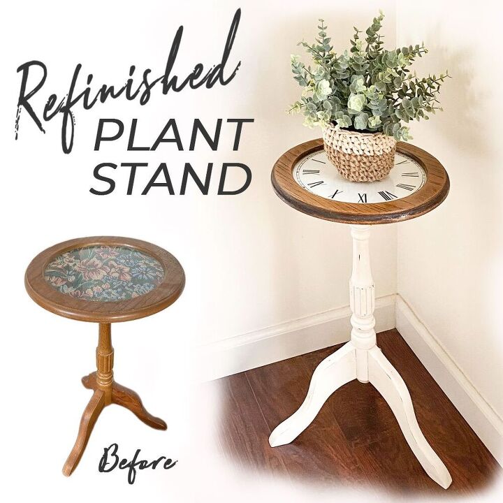 refinished wood plant stand with a diy vinyl clock tabletop