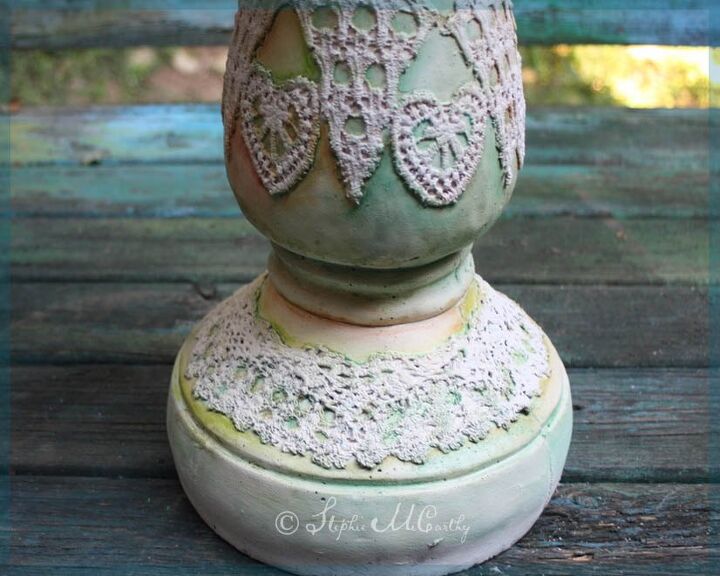 birdbath and garden decorations with real lace