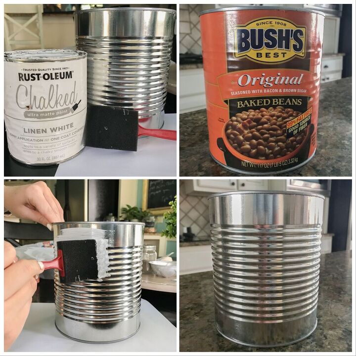 una lata de frijoles reutilizada en un jarrn con limn