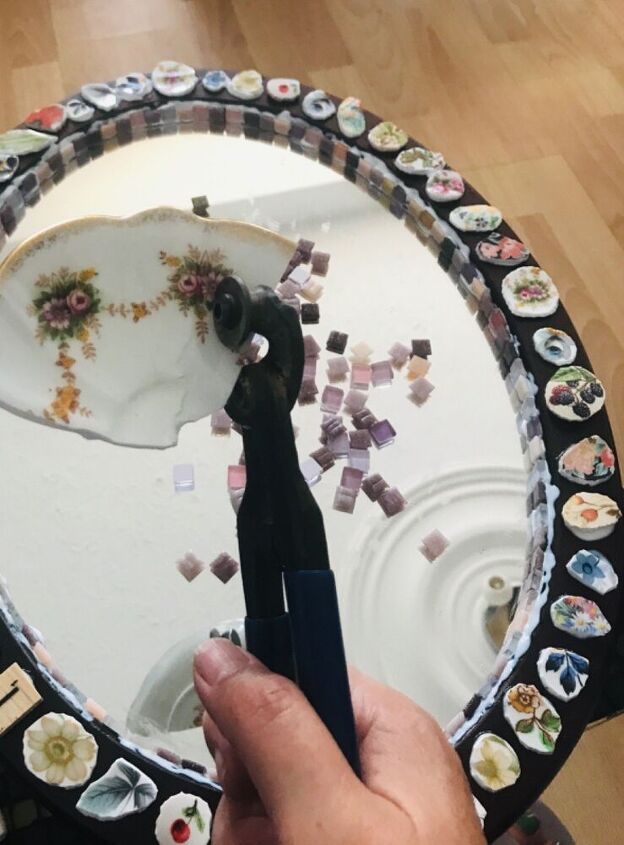how to transform a mirror with old china and scrabble tiles, Cutting china