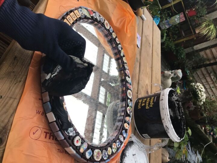 how to transform a mirror with old china and scrabble tiles, Grouting