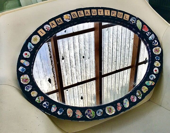 how to transform a mirror with old china and scrabble tiles, Mirror transformation