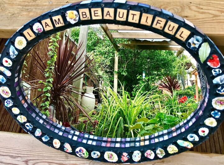 how to transform a mirror with old china and scrabble tiles, Mirror transformation