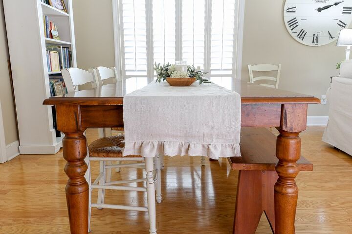 32 charming farmhouse decor ideas you can diy for 30 or less, HOW TO MAKE A TABLE RUNNER OUT OF A DROP CLOTH