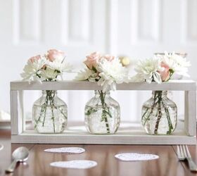 32 charming farmhouse decor ideas you can diy for 30 or less, Farmhouse Wood Framed Flower Vase Centerpiece