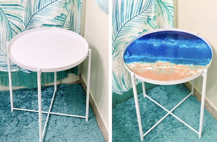 20 gorgeous ideas that ll get you hooked on resin and paint pouring, Design a Tray Table With Resin Ocean Art