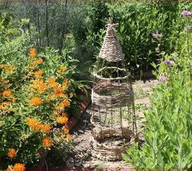 14 formas inesperadas de reutilizar las jaulas de tomate de la temporada pasada, Obelisco de mimbre para el jard n a partir de una jaula de tomates