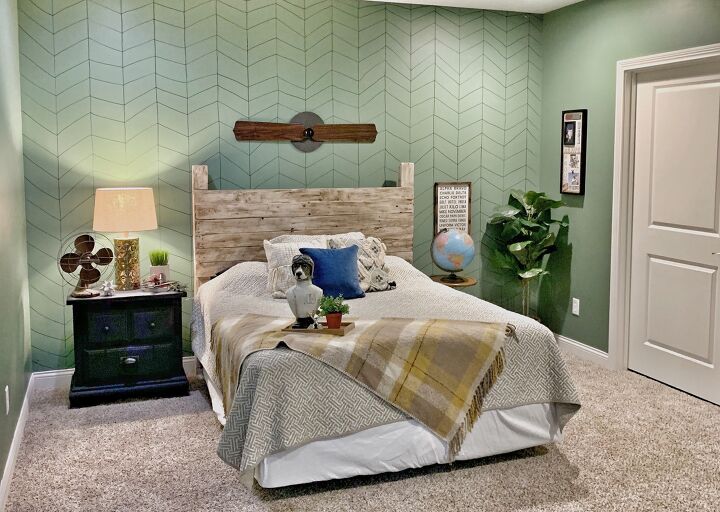18 ideas con estilo que querrs robar para tu aburrido dormitorio, DIY Faux Wallpaper Herringbone Wall papel pintado de espiga