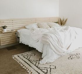 Wood slat deals headboard with shelves