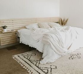 take your bed to the next level with these 18 gorgeous headboards, Minimalist Scandinavian Wood Slat Headboard With Floating Nightstand