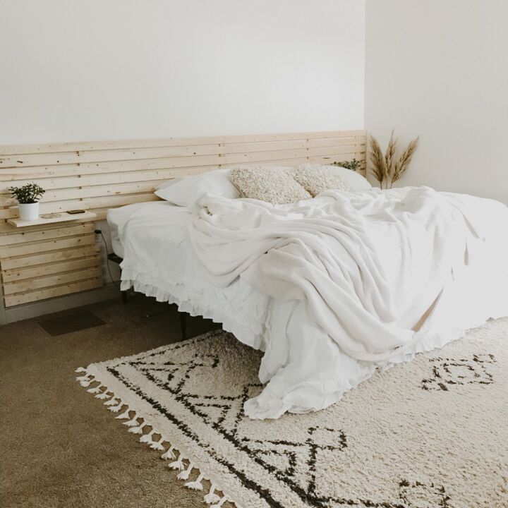take your bed to the next level with these 18 gorgeous headboards, Minimalist Scandinavian Wood Slat Headboard With Floating Nightstand