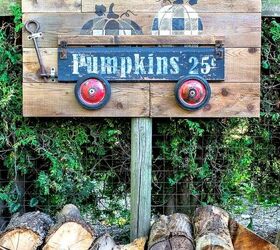s 13 ways to decorate for fall using items you probably already own, Buffalo Checked Pumpkin in a Wagon Sign