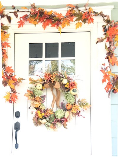 fall hydrangea wreath with pumpkins