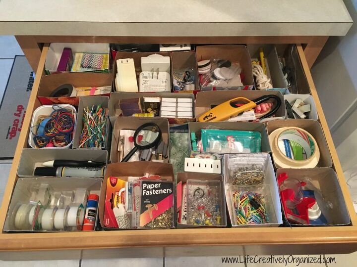s get organized with these diy storage containers, Free Custom Junk Drawer Organization