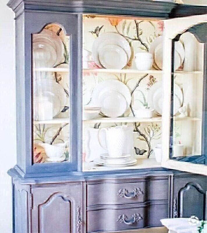 s 15 gorgeous farmhouse furniture makeovers, Dress up an old breakfront with classy wallpaper