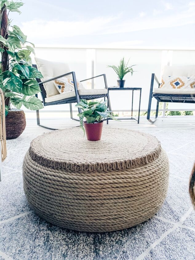s 15 gorgeous farmhouse furniture makeovers, Upcycle a tire into a rugged rope ottoman