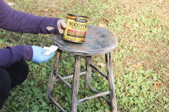 how to make a farmhouse style wooden stool with an antique patina