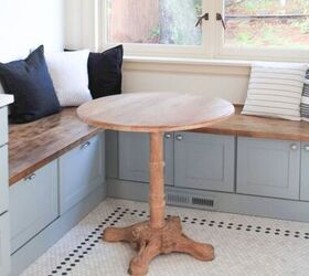 16 tricks that ll save you money on a full kitchen reno, Build a butcher block bench for your cozy breakfast nook