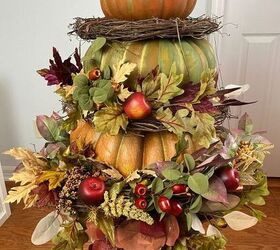 dressing up stacked pumpkins for fall