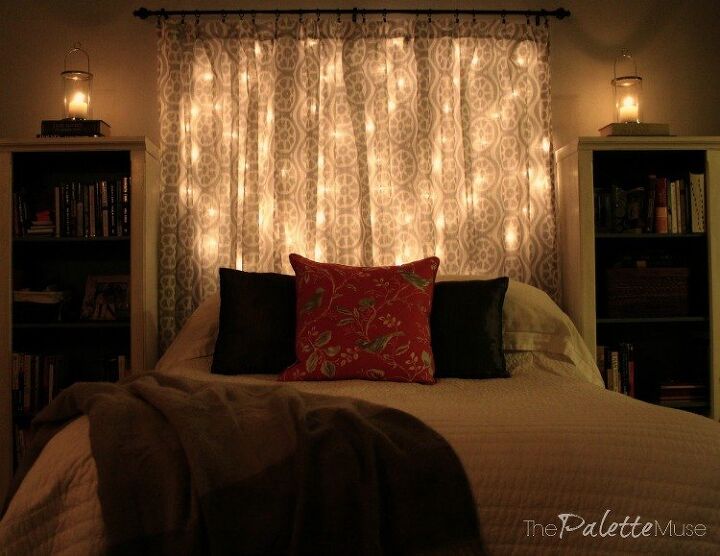 20 gorgeous headboards you can make in an afternoon, Create a dreamy effect with pretty curtains and fairy lights