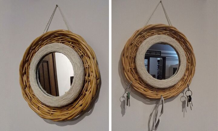 16 creative hacks to turn baskets and buckets into designer decor, Make a bohemian style hanging mirror from a thrift store basket