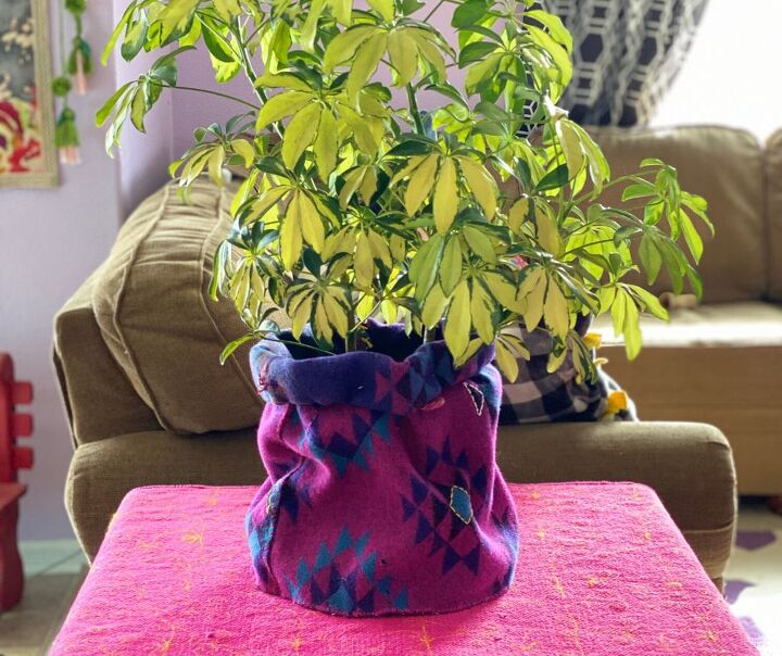 16 creative hacks to turn baskets and buckets into designer decor, Stitch a slouchy basket planter from a thrifted rug