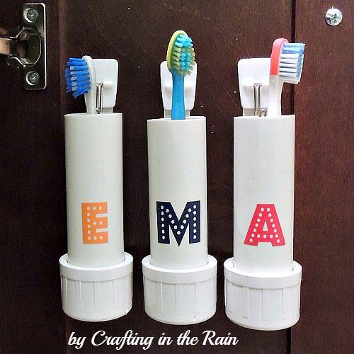 20 ways to boost bathroom storage without taking counter space, Keep it clean with hanging PVC pipe toothbrush holders