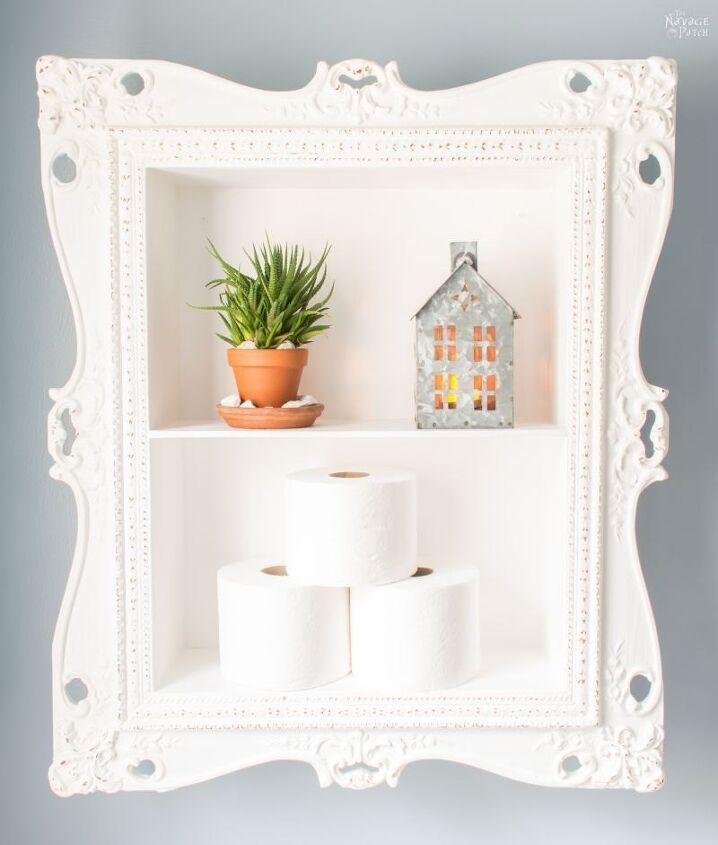 20 ways to boost bathroom storage without taking counter space, Turn a vintage picture frame into classy wooden shelves